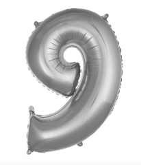 9 RAKAM  34''  76 CM  FOLYO BALONLAR HELYUM SİLVER-GÜMÜŞ