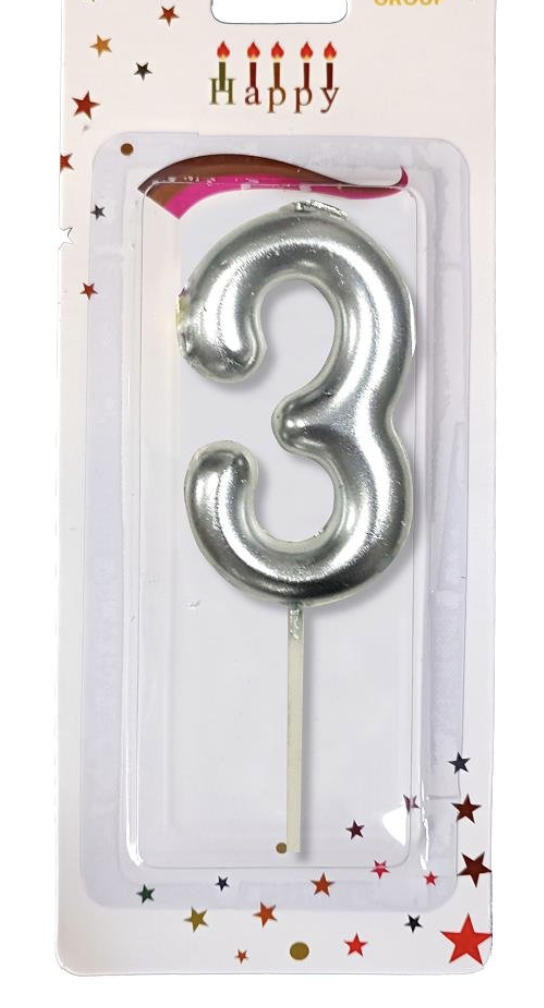 ORTA BOY 3 RAKAM  GÜMÜŞ MUM 10CM