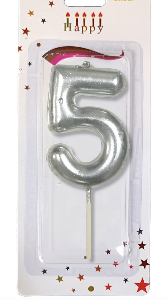 ORTA BOY 5 RAKAM  GÜMÜŞ MUM 10CM