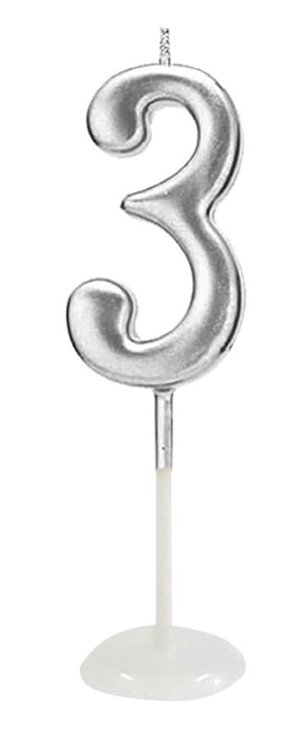 KÜÇÜK BOY 3  RAKAM GÜMÜŞ MUM 8CM