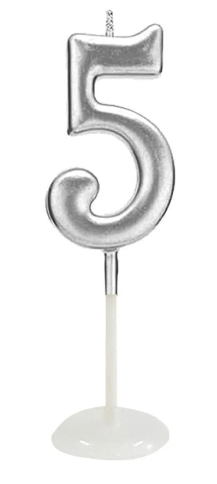 KÜÇÜK BOY 5  RAKAM GÜMÜŞ MUM 8CM