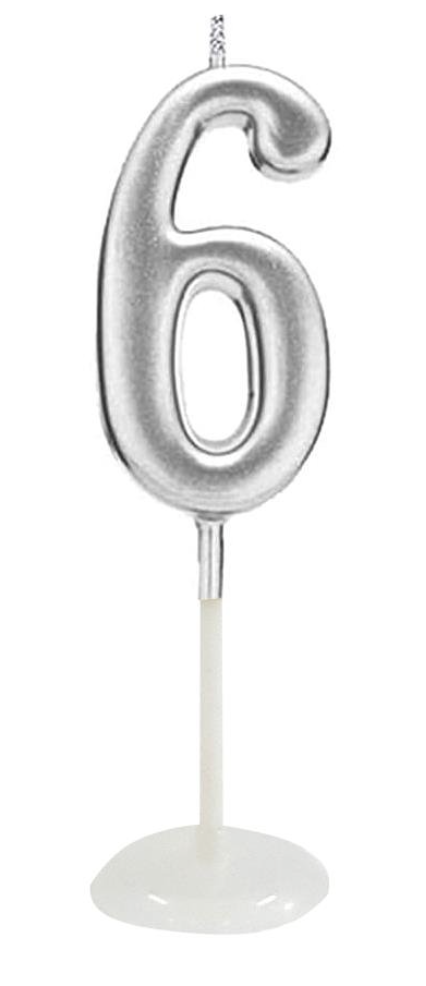 KÜÇÜK BOY 6  RAKAM GÜMÜŞ MUM 8CM