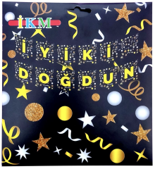 BÜYÜK BANNER İYİKİ DOĞDUN SİYAH ÜSTÜ GOLD UZAR YAZI