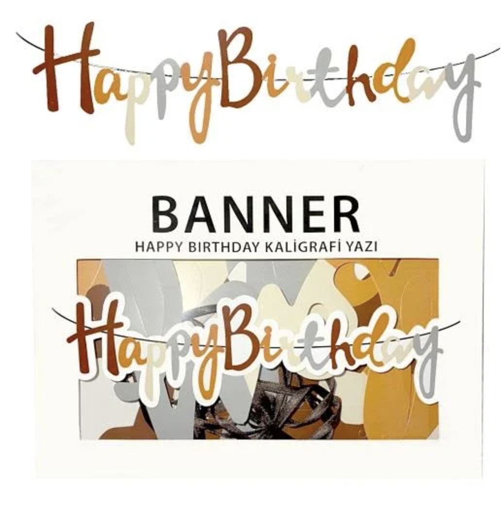 BANNER EL YAZILI HAPPY BİRTHDAY KAHVERENGİ UZAR YAZI